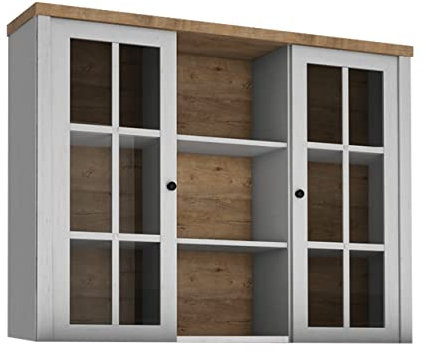 Mirjan24 Aufsatz Provence W2D PR19 mit 2 Türen und Fächer, Vitrine, Vitrinenschrank, Glasvitrine, Wohnzimmer Schrank (Kiefer Andersen/Eiche Lefkas Dunkel, mit weißer LED Beleuchtung)