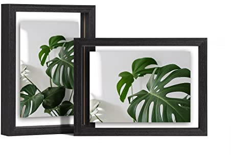 EGOFINE 7x5 Floating Frames Set of 2, Double Acrylic Glass Picture Frame, Made of Solid Wood Display Any Size Photo up to 7x5, Wall Mount or Tabletop Standing, Rustic Black
