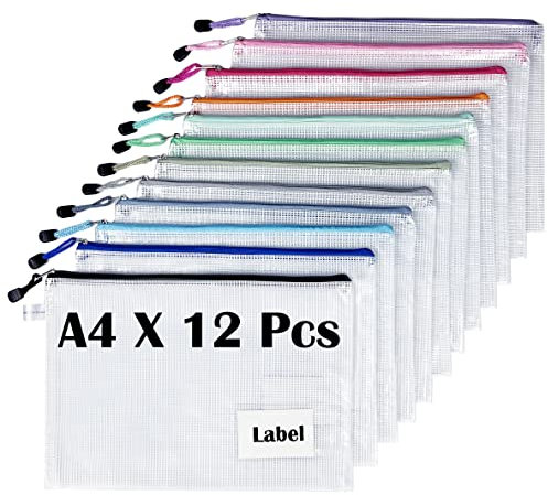 TRANBO 12 Stücke Reißverschlusstaschen A4, Wasserdichte Mesh-Taschen Dokumententasche, Zipper Tasche zur Aufbewahrung von Ordnern, Schreibwaren,Geeignet für Schule, Büro, Reisen
