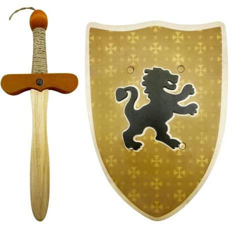 Mittelalter Holz Schild und Schwert mit Relief - Jungen und Mädchen - Für Kinder Mittelalter Kostüm, Ritter Kostüm, Geburtstagsgeschenk, Spielzubehör, Imitationsspiele, Holz Spielzeug (Gelb, 30 cm)