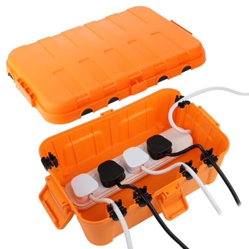 RESTMO Extra große wasserdichte Kabelbox, IP54 wasserdicht, Outdoor-Kabelsicherheitsbox, wetterfester Elektrokasten zum Schutz von Steckdosenleisten, Außensteckern (32 x 22 x 13 cm) - Orange