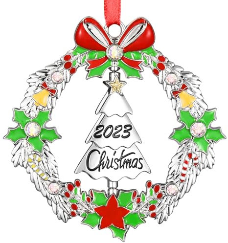 VIVIKEN Christmas Ornament 2023 Decoration for Christmas Tree Hanging Metal Christmas Wreath with Rotatable Tree Dated 2023 Shiny Silver Ornaments Holiday Decorative Xmas Gifts for Family Friends