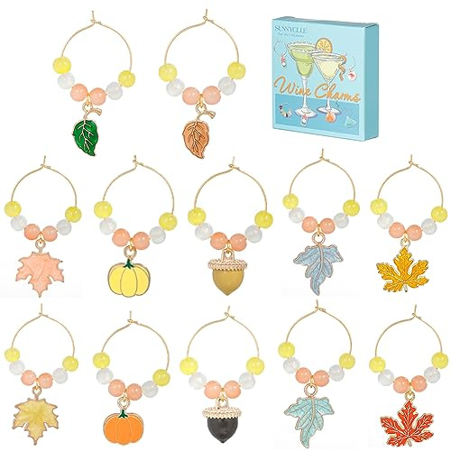 SUNNYCLUE 1Boîte 12pièces Breloques pour Verre à Vin Identificateurs de Vin en Vrac Identificateurs de Verre Étiquettes de Boisson Automne Automne Breloques de Boisson pour Mariage Vaca Noël Halloween