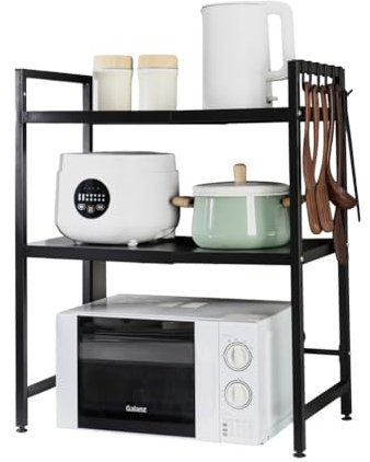 BAOYOUNI Expandable Microwave Oven Rack Stand 2-Tier Over Toaster Baker Shelf Bathroom Kitchen Storage Organizer with Hooks for Cabinet, Counter, Under Sink - Adjustable Width & Layer Height - Black