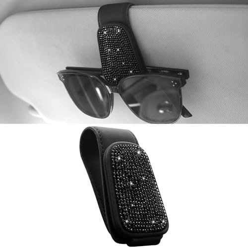 Anwlki Bling Sonnenbrillenhalter für Auto Visier Magnetische Leder Brillenhalter Visier Clip, Strass Brille Brillenbügel Ticket Karte Clip für Frauen Mädchen (Schwarz)