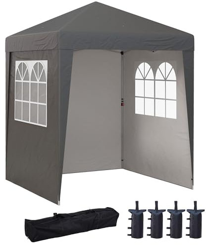 Outsunny Tonnelle de Jardin Pliante Pop-up 2 x 2 m Tente de réception Hauteur réglable 3 Niveaux Anti-UV 30+ 3 parois latérales avec 4 Sacs de Sable et 1 Sac de Transport Tissu Oxford Acier Gris
