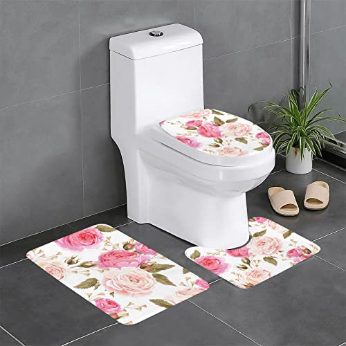 AUBKFELD Floral Flower Rose Pink Printed Bath Mat Set 3 Piece - Anti-Slip Bathroom Rugs Sets | Bath Rug And Contour Mat And Toilet Seat Cover, J561B2452
