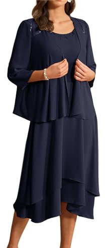 Vintage Retro Elegant Cocktailkleid mit Chiffonjacke Casual Ärmelloses A-Linien Kleid Loose Elegant Abendkleid Dunkelblau 42