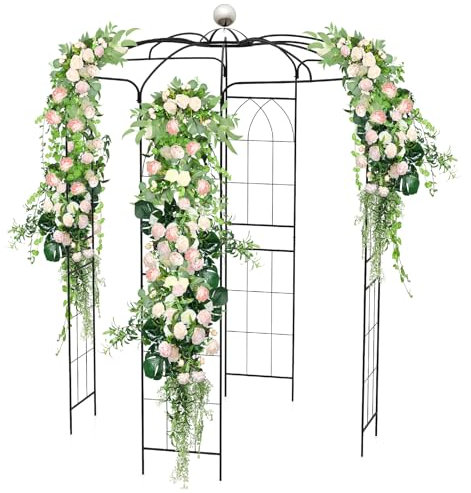 COSTWAY Traliccio ad Arco in Metallo Zincato per Piante Rampicanti, Gazebo a Forma di Gabbia per Uccelli con Gancio e Paletti, Pergola da Giardino per Cerimonie, 206 x 286 cm, Nero