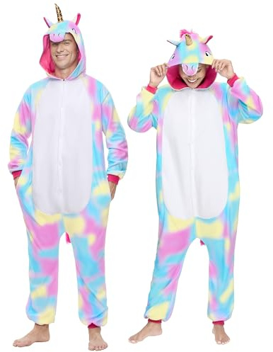 Spooktacular Creations Unisex Adult jumpsuit Plush jumpsuit Blue Colorful Unicorn Animal Costume M