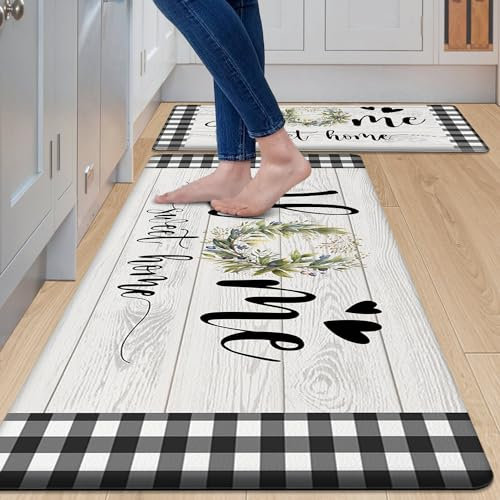 MAYHMYO Buffalo Plaid Küchenmatte, 2er-Set, Bauernhaus, schwarz-weiß, Küchenteppich, rutschfest, grüner Kranz, Blätter, Blumenmuster, wasserdicht, Komfortmatte für Küche, Spüle, Boden, Waschküche,
