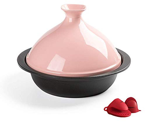 DDKYHU Home Lead Free Cooking Tagine, 24Cm Enameled Cast Iron Tangine with Ceramic Lid and Cast Iron Base Compatible with All Stoves (1.5L),Red (Pink)
