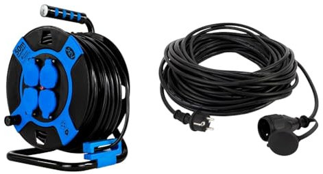 REV Kabeltrommel, IP44, Outdoor, 4 Schutzkontaktsteckdosen, 50m, schwarz & Verlängerung, Verlängerungskabel Aussenbereich wasserdicht 25m, 3680W, H05RR-F, schwarz