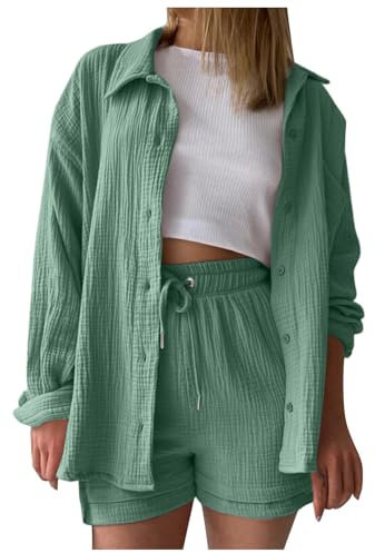 Damen Zweiteiler Sommer Langarm Musselin Hemd Hemdshirt Bluse Kurze Hose Set Plissee Hauseanzug Zweiteiler Set Baumwolle 2 Teilige Freizeitanzug Kurz Einfarbig Oberteil Sportanzug (#02C-Mint Green, M)