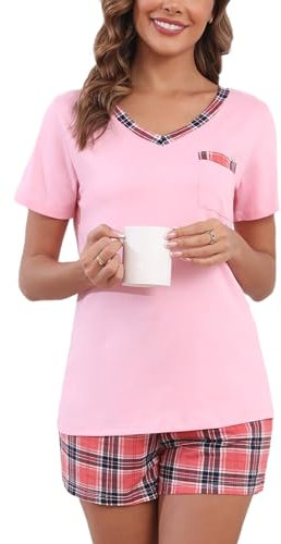 Yukiuiny Pyjama Femme Été Coton Ensemble Vêtement d'Intérieur Tee Shirt Vêtement de Nuit Carreaux Plaid Manches Courtes Col V Pantalons de Pyjama Printemps Douce Confortable A-Rose+Carreaux XL
