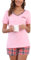 Yukiuiny Pyjama Femme Été Coton Ensemble Vêtement d'Intérieur Tee Shirt Vêtement de Nuit Carreaux Plaid Manches Courtes Col V Pantalons de Pyjama Printemps Douce Confortable A-Rose+Carreaux XL