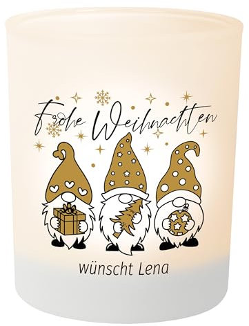 Weihnachts-Geschenk: Wichtel Teelichthalter personalisiert mit Namen – Teelichtglas Windlicht Weihnachtsdeko - Geschenk Weihnachten für Freunde Kollegen Familie (Frohe Weihnachten 3 Gold Wichtel)