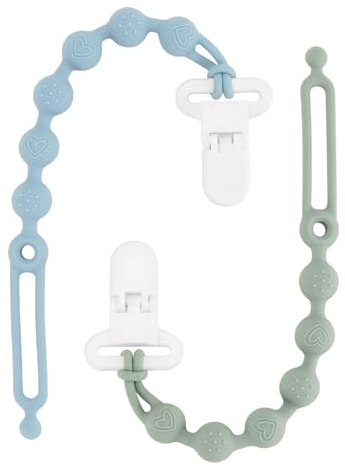 Silicone Dummy Clip for Baby Boys and Girls, Soother Clips, One Piece Pacifier Clips, Fits Most Pacifiers and Teething Toys, 2 Pack (Sage+Ether)
