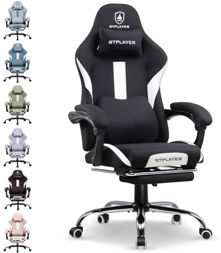 GTPLAYER Fabric Gaming Chair, Ergonomic Computer Chair with Footrest Lumbar Support Heavy Duty High Back Adjustable Height Svivel Office Desk Chairs (White)