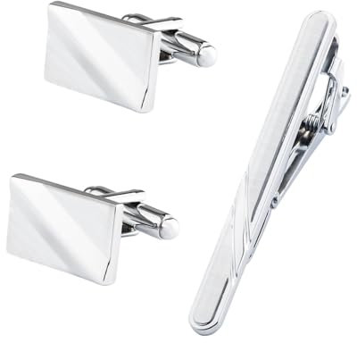 Manschettenknöpfe Und Krawattennadel Set, Tie Clip Set Klassisches Rechteck Silber Hemd Manschettenknöpfe