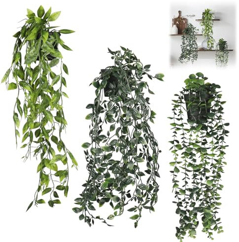 Gaethra Plantes Artificielles Interieur, 3 Pièces Fausse Plante Tombante, Plante Suspendue avec Pots, 63/65/80cm, Convient aux Décorations D'intérieur et D'extérieur, de Jardin, de Mariage et de fête