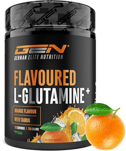 Poudre de L-glutamine aromatisée - 750 g - L-glutamine ultra-fine avec un supplément de taurine - Glutamine micronisée aromatisée - Sans sucre et très soluble - Végétalienne (Orange)
