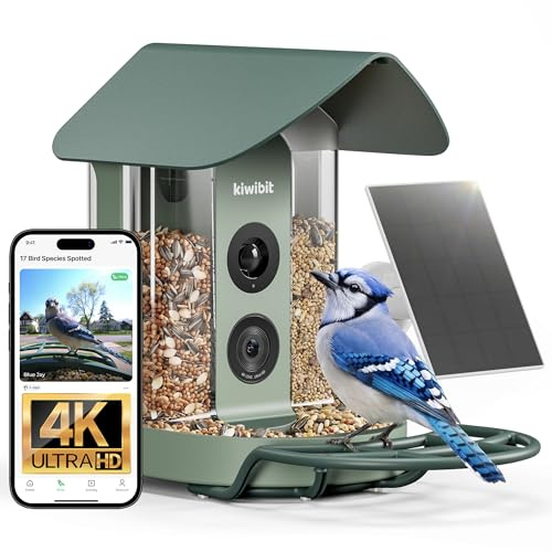 Kiwibit Smart Bird Feeder with Camera 4K, Solar Powered for Outdoors, AI Bird ID, Instant Alerts, 8MP Photos, 4K Live Stream, Birdwatching Gift for Bird Lovers (Sage Pine Green)