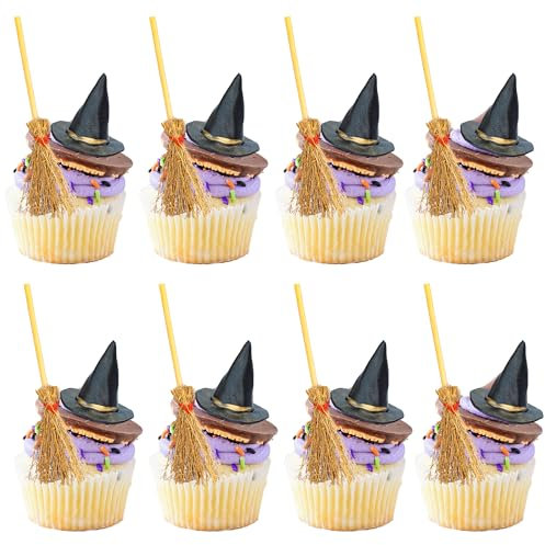Gyufise 12Pcs Mini Witch Hats and Brooms Cake Toppers Halloween Mini Wizard Hats Cake Decorations for Birthday Wedding DIY Crafts Accessories Party Favors