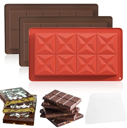 DOETYD 3 Pack Deep Chocolate Bar Mould with Scraper,Silicone Jelly Thick Dubai Kit for Baking