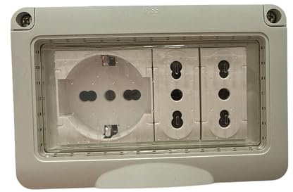 Cassetta Elettrica Pronta all’Uso per Esterni IP55 – Box 3 Moduli con 1 Presa Schuko + 2 Prese Bipasso 10/16A – Scatola da Muro con Sportellino per Giardino, Camper, Garage, Pareti Esterne