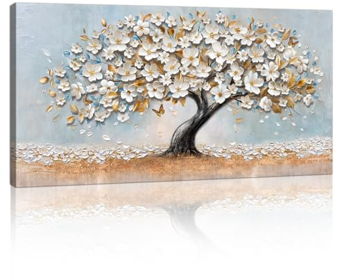 Bianco Oro Floreale Ciliegio Albero Grandi Quadri Moderni Soggiorno, Astratto ‌Blue Il Fiore Fiorendo Stampe da Parete Quadro Moderni Immagine Pittura su tela Camera da letto Cucina Decor 100x50cm