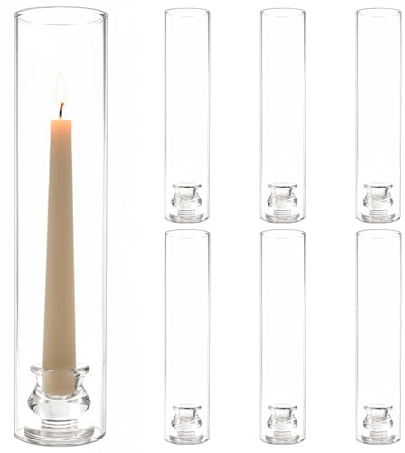 DENUOTOP 6 Stück Glaszylinder für Kerzen Kerzenständer, Kerzenhalter Stabkerzen, Stabkerzenhalter Glas mit Winddicht Glas Hülse für Außen Party Hochzeit Weihnachten Wohnkultur