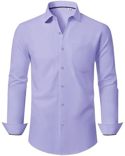 J.VER Mens Casual Shirts Long Sleeve Regular Fit Stretch Business Shirt Solid Wrinkle Free Classic Work Wedding Party Shirt Lavender XL