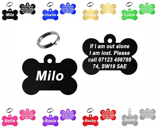 Personalised Engraved Dog Tag | 38mm Wide Bone Shape | ID Tag for Pets | Vibrant Colours (Black)