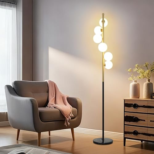 KlkrzJwy Lampadaire 6 Lumières Style Milieu Du Siècle, 160 Cm, Globe En Verre, Lampe Sur Pied En Marbre Avec LED 3000 K, Arbre Doré, Grand Luminaire Pour Salon, Chambre, Bureau, Salle De Lecture