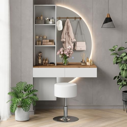 Vicco Schminktisch Melora, Weiß/Eiche, 100 cm | mit LED-Spiegel und Hocker, zur Aufbewahrung von Kosmetik und Accessoires