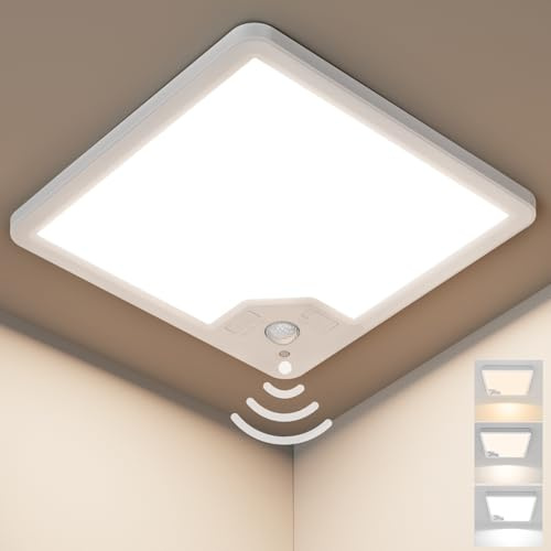AmzFan Deckenlampe mit Bewegungsmelder–22W 2100LM LED Deckenleuchte Radar Bewegungssensor, Flache Lampe mit Bewegungssensor Innen mit 3 Farbtemperaturen für Flur Garage Treppe Keller Balkon