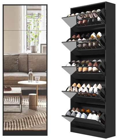 Organizedlife Spiegel Schuhschrank, 185 cm Langer Spiegel, 5 Klappschubladen und Platz für 30 Paar Schuhe, Freistehender Schmaler Schuh Schrank, für Eingangsbereich, Schlafzimmer