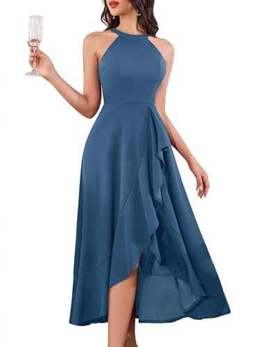 A line Halter Wedding guest dresses for women Midi Formal Dress GreyBlue M