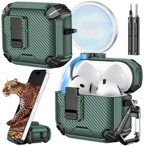 Inesore for AirPods 5/4 Hülle, Carbon Fiber Texture-Green | Compatible with MagSafe, Phone Stand Design Cover for AirPods 5/4 (2026/2024) (USB-C), with Cleaning Kit & Keychain