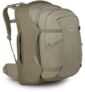 Osprey Fairview 55L Damen-Reiserucksack, Handgepäcktasche mit abnehmbarem Tagesrucksack in persönlicher Artikelgröße, Sawdust-Olive Tan