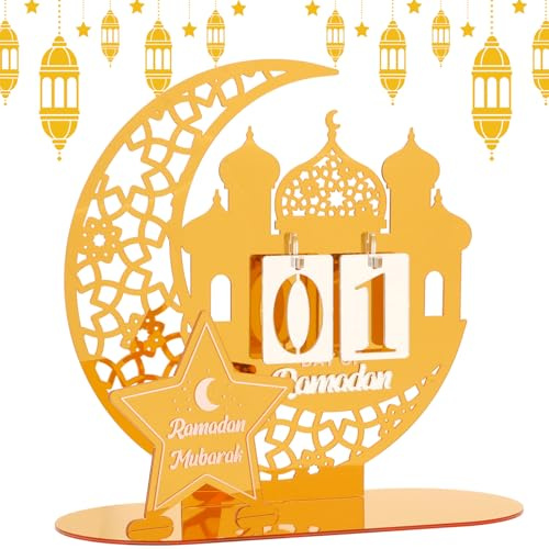 DPKOW Goldener Ramadan Kalender 2026 aus Acryl, Halbmond Moschee Ramadan Deko für Zuhause Eid Mubarak Deko, 30 Tage Countdown Kalender mit Zahlenschildern, Ramadankalender Adventskalender Tischdeko