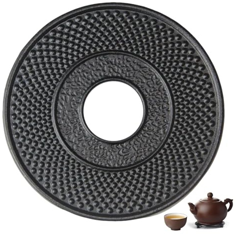 13.2CM Round Cast Iron Trivet with Vintage Carved Pattern, Heat-Resistant Non-Slip Teapot Stand & Hot Pan Mat - Protective Metal Coaster for Kitchen Tabletop,Dining Decor (Granular teapot pad)