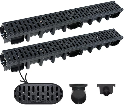 Megaa store 2m Entwässerungsrinne 98 mm – Komplettset A15 Kunststoffrinne Schwarz/Grau/Verzinkt Verschiedene Rostmuster Drainagerinne Bodenrinne (2 Meter, Schwarz Classic)