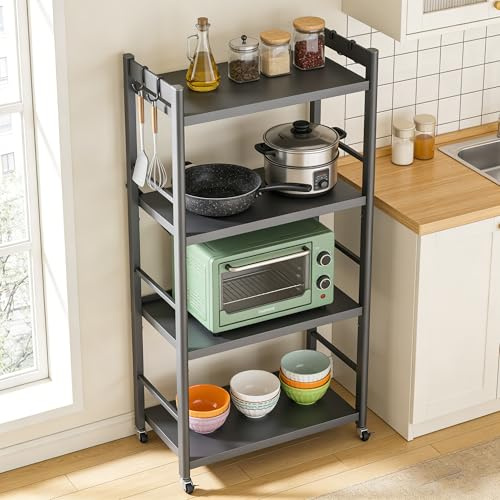 doporro Küchenregal stehend mit 4 Ebenen, Küchen Organizer 60x41x125cm Grau | Mikrowellen Regal mit 4 Lenkrollen und Seitlichen Haken, Standregal Küchen für Töpfe & Gewürze, Kücheneckregal Reglo-13