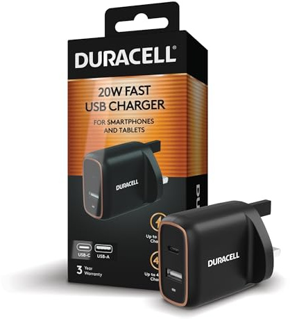 Duracell 20W Fast USB Charger UK Plug, Dual Port USB-C PD & USB-A Wall Charger, Fast Charging Plug for iPhone 16, iPhone 15, Samsung Galaxy, iPad, Pixel & USB Devices
