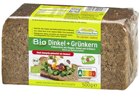 Mestemacher Bio Dinkel & Grünkern Vollkornbrot vegan, Nutri Score A, reich an Ballaststoffen, aus vollem Korn in der eigenen Mühle frisch gemahlen, 7 Scheiben, 500g