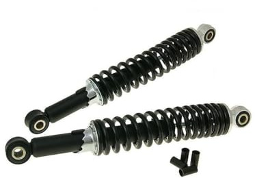Stoßdämpfer Set Universal Chrom/Schwarz 300mm, kompatibel mit Roller, Mofas | 300 mm Länge; 21 mm Aufnahmen, Ø 30/32 mm; 8/10 mm Hülsen, Feder 5-stufig verstellbar, nur als Paar bei 2 hinteren Dämpfern