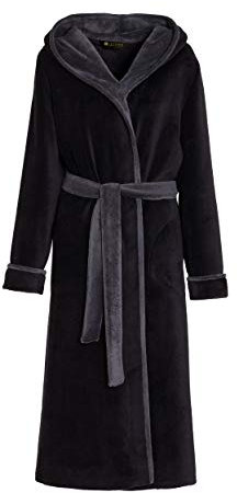 LEVERIE Lunga vestaglia invernale donna in pile con cinturino e tasche, Mod. 1 nero/grigio scuro, S