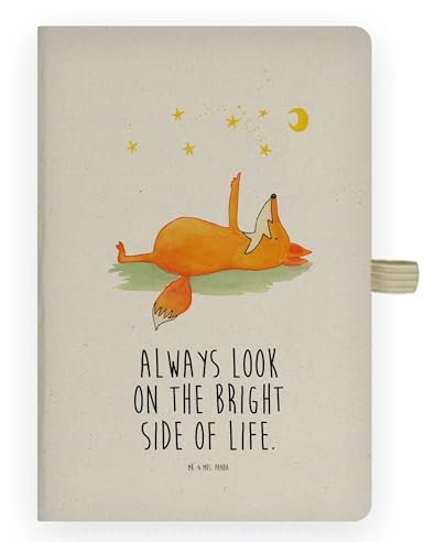 Mr. & Mrs. Panda DIN A4 Baumwoll Notizbuch Fuchs Sterne - Geschenk, Sternengucker, Spruch positiv, Mond, Spruch schön, Always Look on the Bright Side of Life, Kladde, Journal, Schreibheft, entspannt